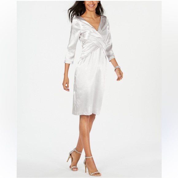 NWT Adrianna Papell sz 6 silver metallic twist front satin sheath dress wedding - Picture 1 of 8